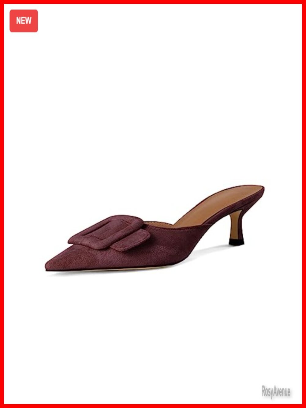 Kitten Heel Mules Pointed Toe Square Buckle Backless Slip On Suede Heeled